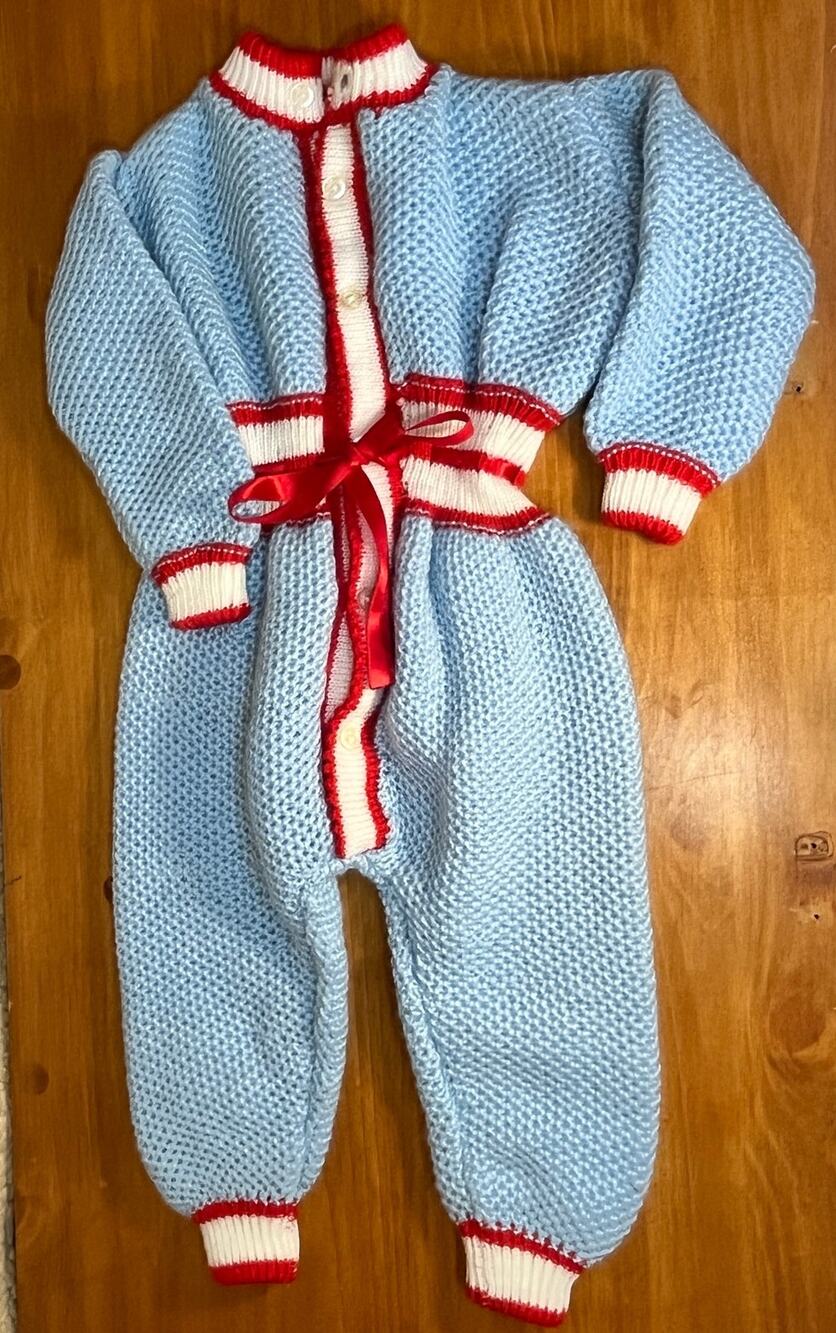 Vintage Handmade Baby Boy Knit Romper Jumpsuit Blue Red White 3-6 Months